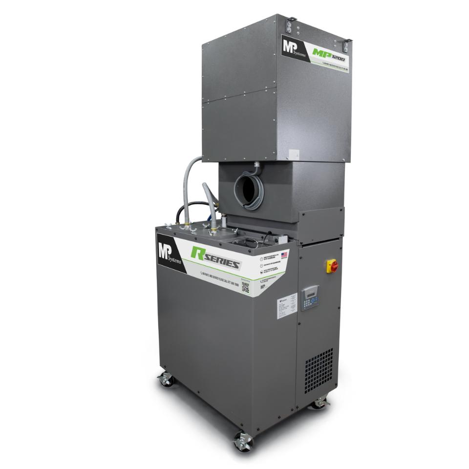 MP Systems MP1200 mist collector removes coolant mist and vapors with 3-stage filtration, recycling them for cleaner air and efficient coolant recovery.