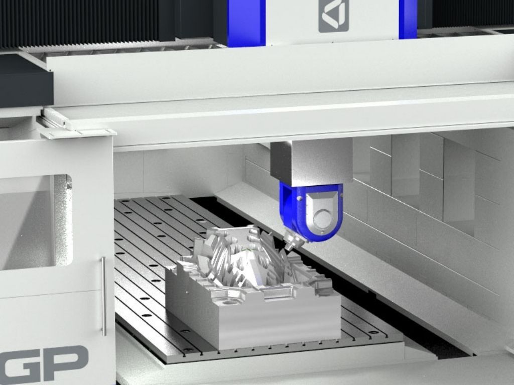 High Rail Gantry High rail gantry machine cutting a large aerospace component with top-mounted spindle, showcasing stability and advanced chip management.