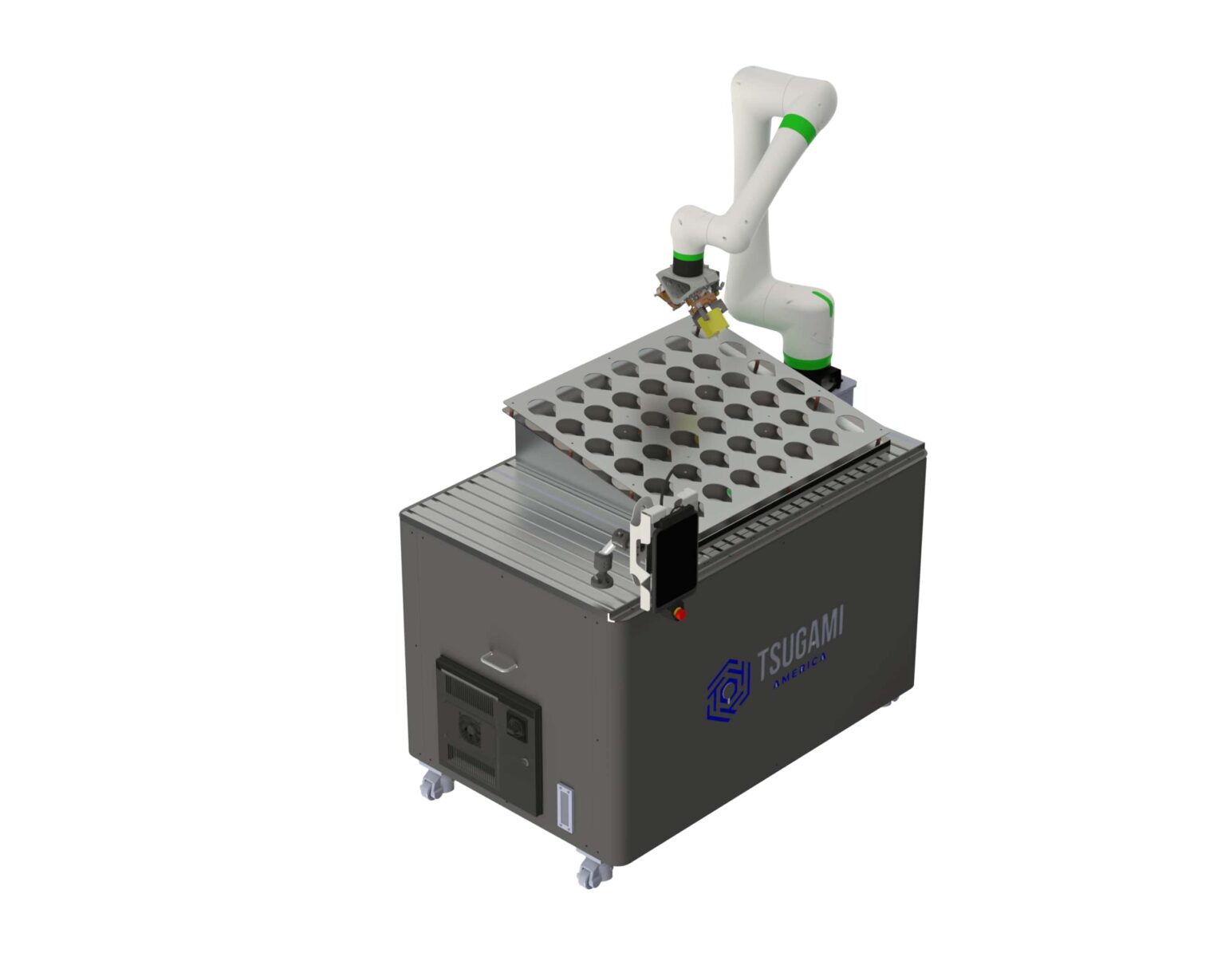 Tsugami America Lathe Cobot Cart for standard small part manufacturing automation