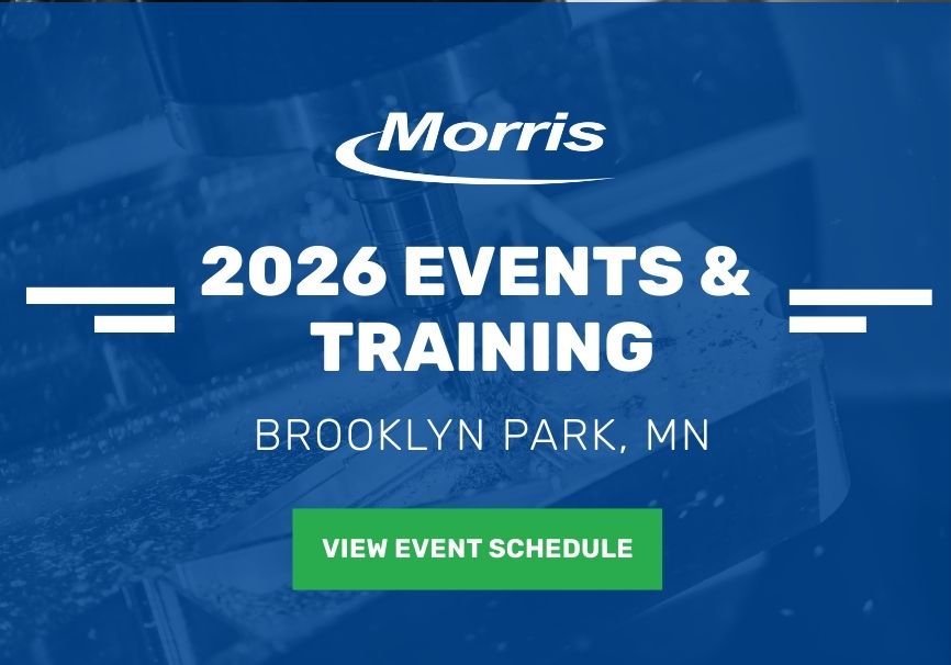 2026 Events and Training banner for Morris Midwest promoting CNC education hands on learning tech demonstrations and manufacturing workshops