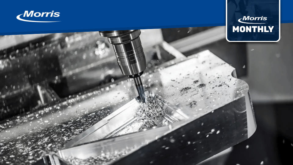 CNC milling spindle cutting metal at high speed, illustrating spindle utilization and productivity improvements featured in the Morris Monthly 90 day manufacturing playbook article.