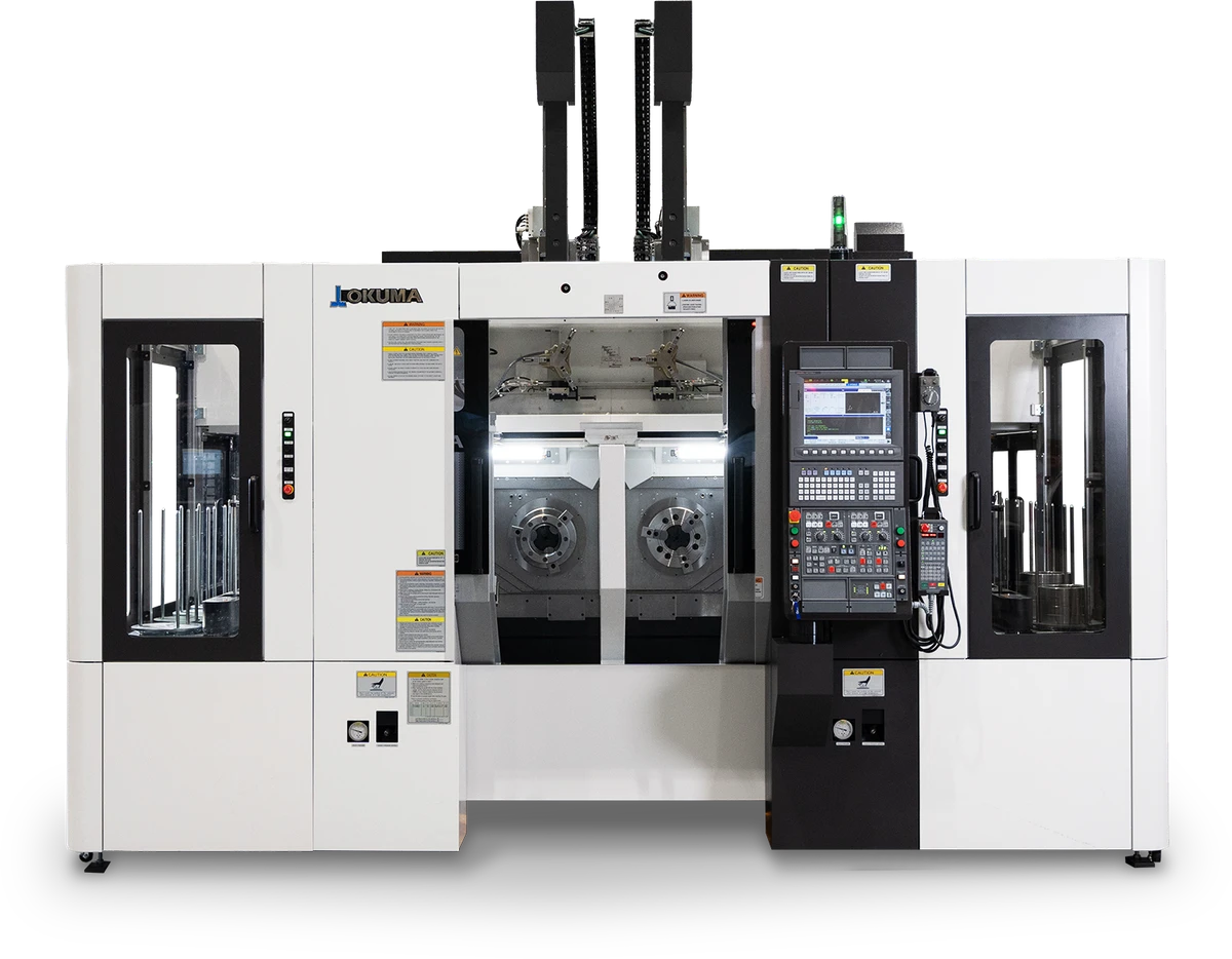 Okuma Gantry Loader on Okuma 2SP-2500H, a twin spindle lathe